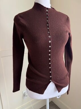 Mango Chocolate Brown Ribbed Button-Front Cardigan
